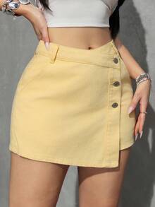 SHEIN ICON Women's Asymmetric Hem Single-Breasted Pocket Casual Denim Skorts - Yellow - View 5