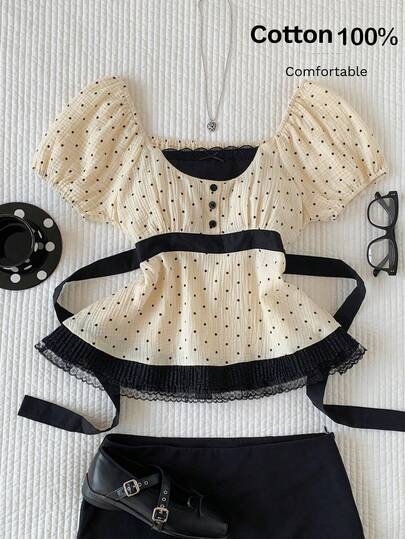 Comfortcana Blusa de moda de verano con mangas cortas abullonadas, estampado de lunares y encaje de contraste