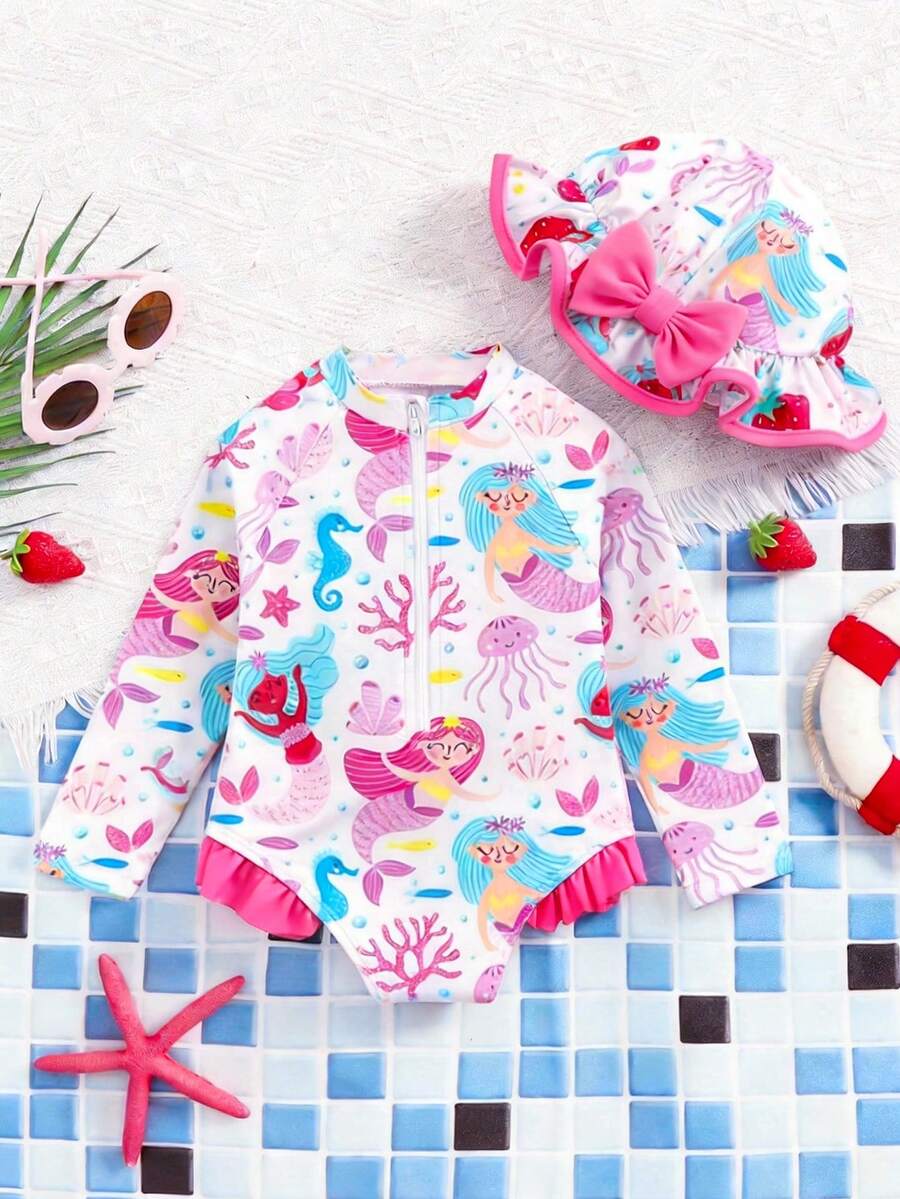 LMoss Kids 两件套可爱美人鱼印花泳衣套装,含帽子,夏季假日女宝宝防晒泳衣,复古花卉沙滩亲子装,3T女宝宝防晒衣,女宝宝长袖泳衣 - 彩色 - 查看 1