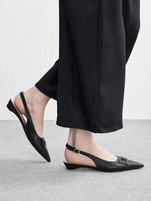 CUCCOO BIZCHIC 黑色金屬扣小楔跟短跟高級優雅黑色粗紋PU女式平底鞋露跟通勤約會日常晚餐 - 純黑色 - 查看 5