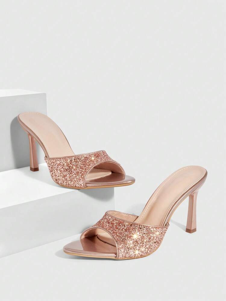 CUCCOO SZL Women Shoes Spring And Summer New Champagne Glitter One Piece Peep Toe Women's High Heel Sandals Slippers Fashion Comfortable Versatile Sexy Party Women's Sandals Peep Toe Sandals Prom Heels