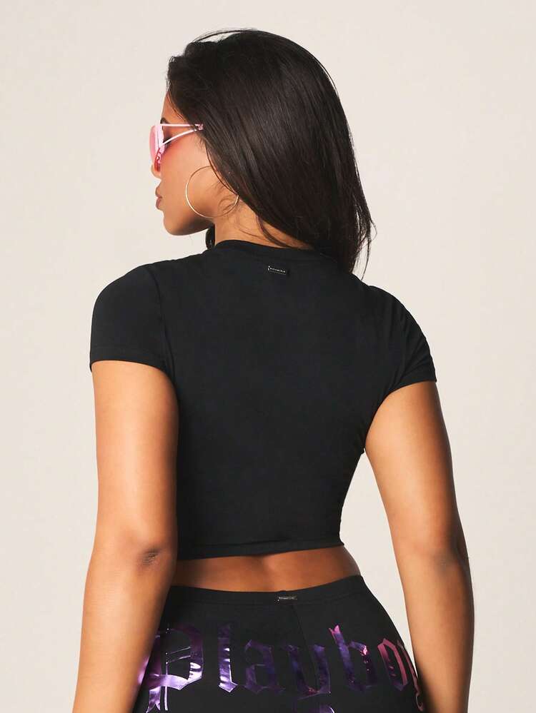 Missguided x Playboy Short Sleeve Gothic Script Metallic Print Crop Baby Tee Fitted Round Neck Cotton Top