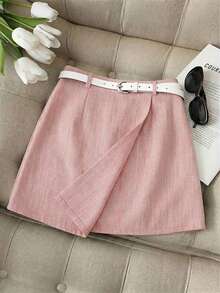 GlowEve 女士粉色纹理面料收腰A字裙摆前片拼接设计，优雅高贵，生日礼物，约会派对，正式场合，气场十足，适合教师、学生、学校、校园、嘉年华、劳动节、复活节、返校派对等春夏秋季穿着。这款优雅半身裙是新款必备时尚单品，设计百搭，收腰A字裙摆，修身显瘦。 - 粉色 - 查看 3