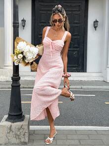 Pariaura Women's Pink And White Ditsy Floral Spaghetti Strap Maxi Dress,Elegant Summer French Style Tie Front Waist Cinching Midi Sundress For Brunch Vacation - Pink - View 6