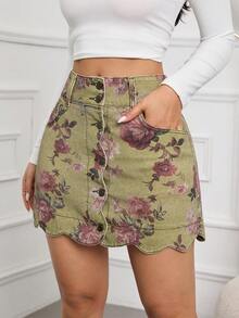 SHEIN Tall 夏季高个女士浪漫优雅夏季度假装扮婚礼及活动花卉印花贝壳边口袋修身牛仔迷你裙 - 綠色 - 查看 6