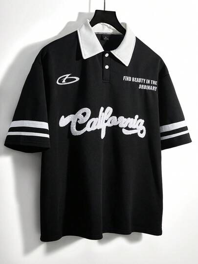 TOKVUE Camisa polo casual de hombre con estampado de eslogan de color contrastante, suéter de punto negro de hombre, camiseta negra de verano de hombre, suéter bordado de punto negro de hombre, camisa corta estampada de hombre, top bordado suelto corto de hombre