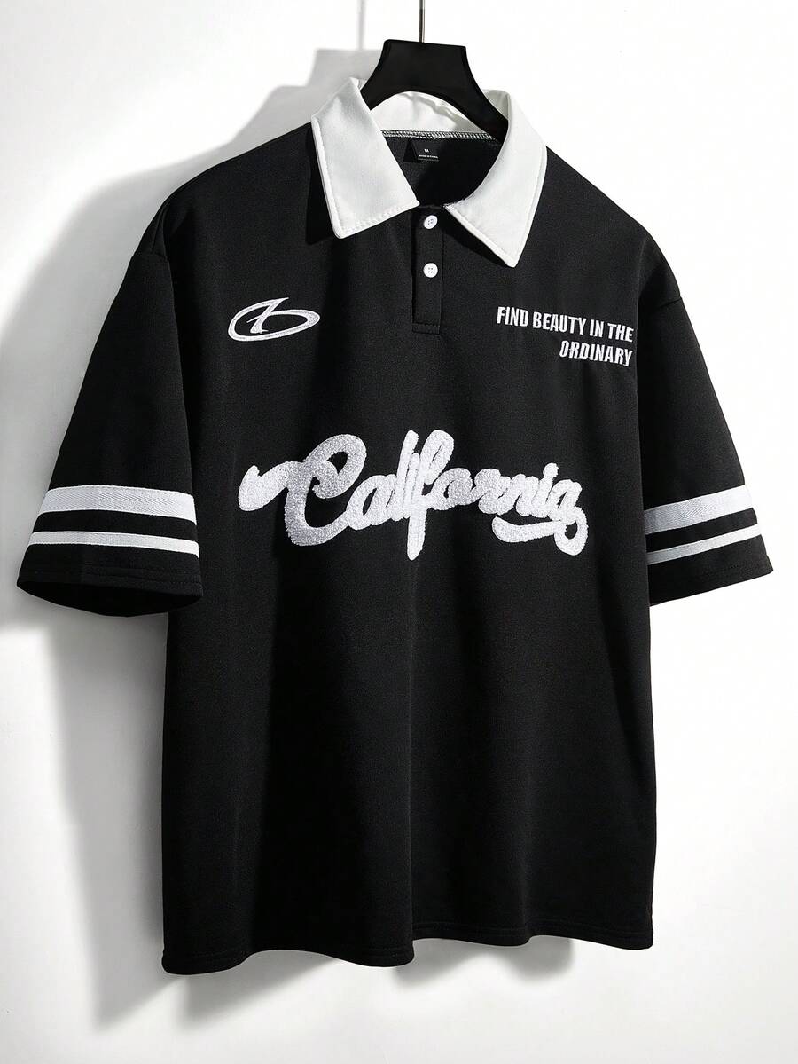 TOKVUE 男士休闲撞色标语印花Polo衫、男士黑色针织衫、夏季男士黑色T恤、男士黑色刺绣针织衫、男士短款印花衬衫、男士宽松短款刺绣上衣 - 彩色 - 查看 1