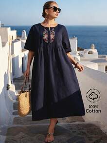 Linhara CURVE Đầm dài dáng rộng bằng cotton mài họa tiết hoa thêu dành cho nữ cỡ lớn, kiểu dáng thường ngày. - Màu xanh lam - Xem 5