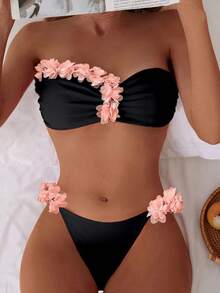 Swim Chiccia 黑色抹胸比基尼套装，饰有花卉褶皱细节，泳装面料，夏季度假款 - 黑色 - 查看 3