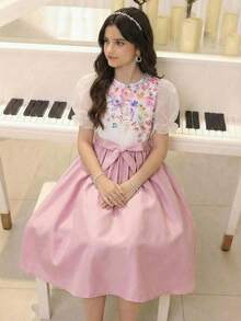 Tween Girl Casual Vacation Elegant Floral Print Puff Sleeve Shirt And Pleated Bowknot Waist Skirt Set, Pink - Pink - View 5