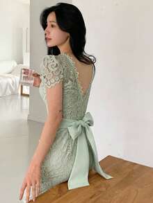 DAZY 女士收腰修身蕾丝泡泡袖中长连衣裙夏季吊带裙 - 綠色 - 查看 5