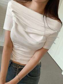 DAZY Women's Solid Color Off-Shoulder Pleated Fitted Short Sleeve T-Shirt, Spring/Summer - White - View 2