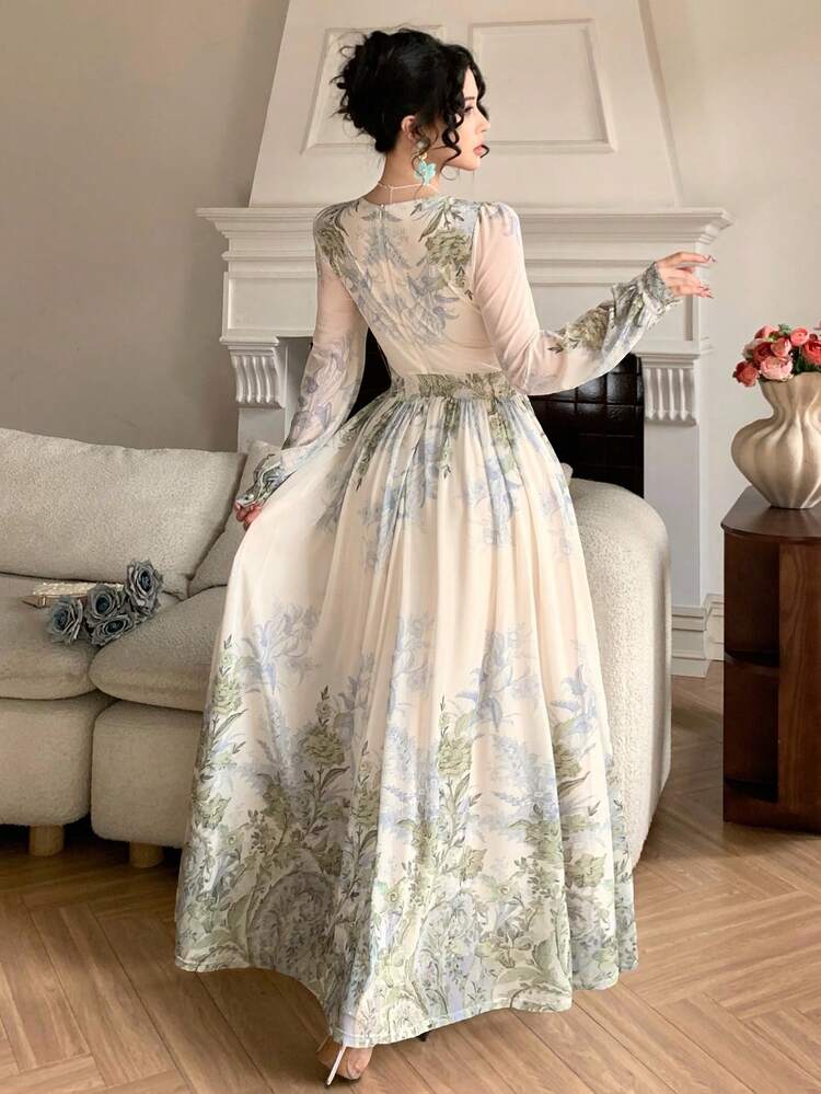 Floral Print Square Neck Lantern Sleeve Belted Mesh Dress Summer,Wedding Guest Dress Women Sundress