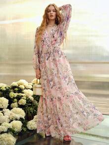 MOTF PREMIUM WOMEN'S ROMANTIC LOOSE LONG SLEEVE SHIRT WITH FLORAL PRINT, SPRING/SUMMER - Baby Pink - View 5