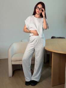 Abrilcols Grey Knitted Women Home Set, Simple Fashionable Casual Daily Top & Pants - Grey - View 6