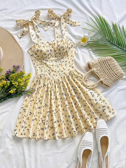 Soleia New Vacation Tie-Up Sweet Cute A-Line Princess Mini Dress, Bohemian, Boho, Romantic Floral, Vacation, Floral Style For Party, Date, Valentine's Day, Easter, Carnival, Afternoon Tea, Beach, Cruise, City Holiday