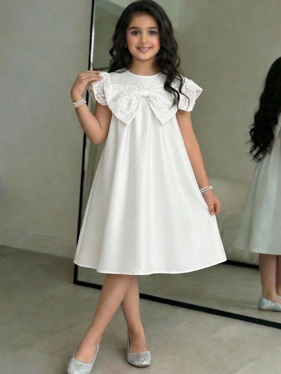 Firerie Kids Tween Girl Luxurious Elegant Textured Jacquard A-Line Dress With Bow Front - White - View 1
