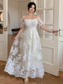 DAZY 女士优雅蕾丝拼接长裙，夏季婚礼宾客礼服，女士连衣裙/吊带裙 - 米色 - 查看 7