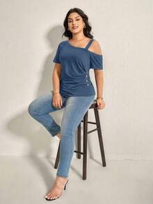 Comfylo Plus Size Solid Color Asymmetric Shoulder Pleated Casual Versatile Summer T-Shirt - Cadet Blue - View 6