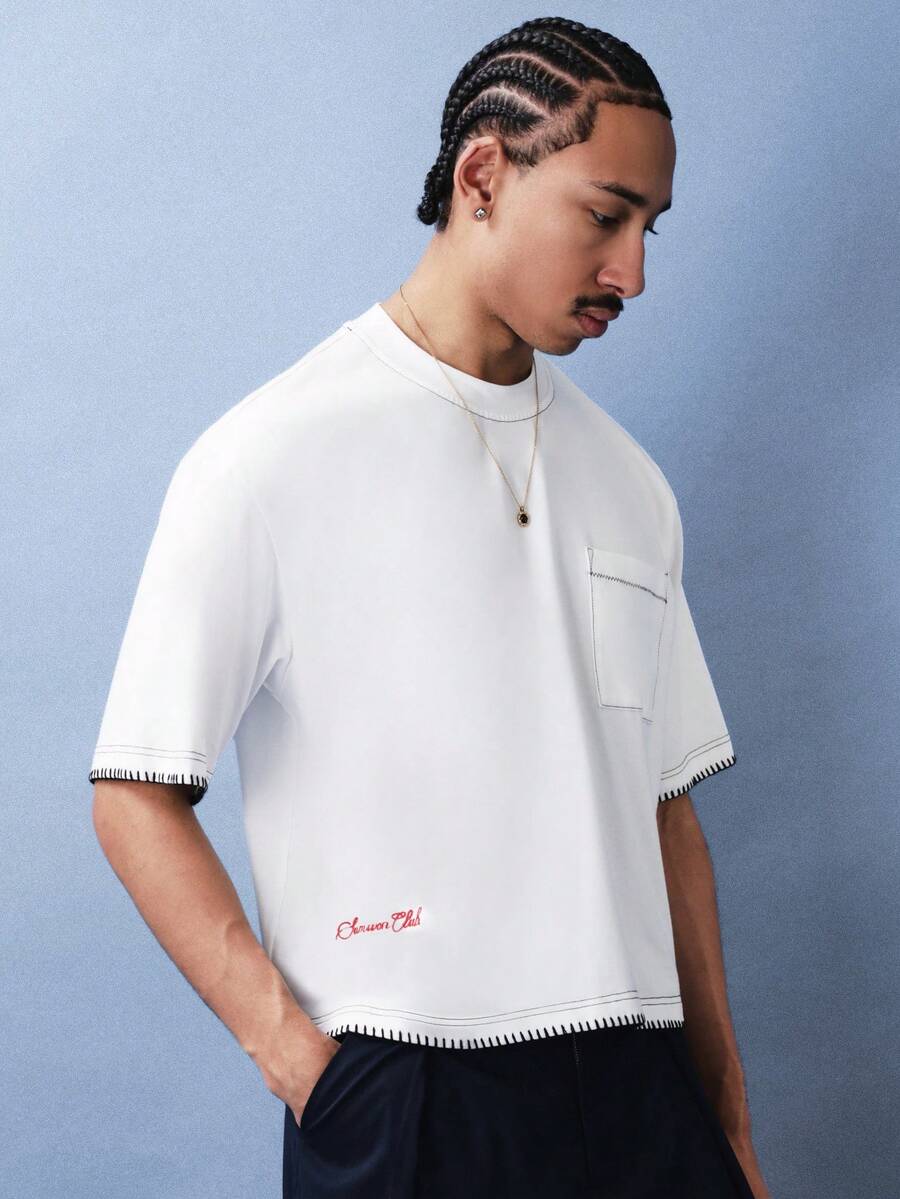 SUMWON Camiseta básica de algodón de manga corta de ajuste regular con cuello redondo, bolsillo y detalles de pespunte en contraste, blanca, para uso casual diario - Blanco - Ver 1