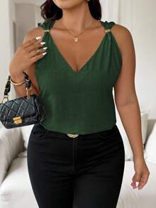 Vionelle Áo tank top nữ cỡ lớn thanh lịch, sang trọng, nhẹ nhàng, thoải mái, thích hợp cho kỳ nghỉ, đi làm, màu trơn, chất liệu vải lanh, cổ chữ V, dây mảnh, đính kim loại, phù hợp cho mùa xuân/hè. - Màu xanh lá cây đậm - Xem 4
