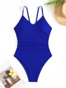 Swim Basics Women's Solid Color Spaghetti Strap Backless One-Piece Swimsuit, Suitable For Summer Beach - Blue - View 4