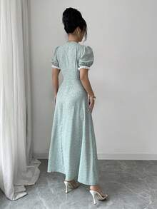Modelyn French Ditsy Floral Puff Sleeve Waist Cinched Slim Fit Dress - Green - View 2