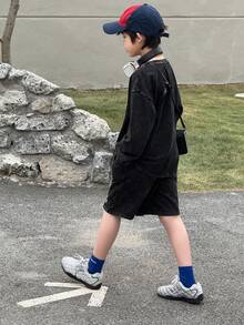 DAZY 男童插肩长袖休闲宽松时尚印花T恤套装 - 黑色 - 查看 4