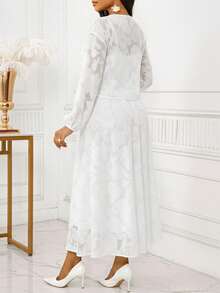 SHEIN Lady 两件套女士简约纯色系带长袖上衣和裙子套装 - 白色 - 查看 2