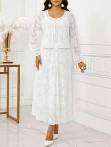 SHEIN Lady 两件套女士简约纯色系带长袖上衣和裙子套装 - 白色 - 查看 5