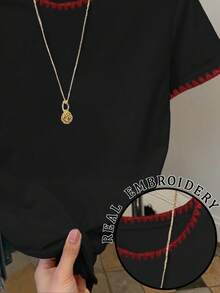 Resyla Kaos Lengan Pendek Wanita Kasual dengan Warna Kontras dan Bordir, Musim Panas - Hitam - View 3