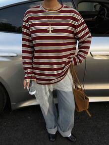 Muchica 大码宽松圆领落肩长袖条纹T恤 - 酒紅色 - 查看 6