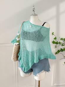 SHEIN EZwear 大码女式休闲荷叶边半透明斗篷毛衣，适合夏季外出和约会 - 水鴨藍 - 查看 6