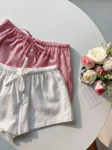 Comfortcana 2pcs Women's New Linen Striped Shorts - Red and White - View 7