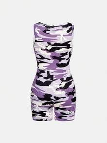 SHEIN Bộ áo liền quần dệt kim ôm sát cổ chữ U họa tiết rằn ri, phong cách đường phố thường ngày, thời trang dành cho bé gái tuổi teen. - Màu tím - Xem 2