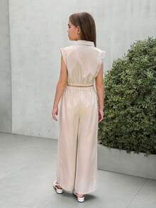 Firerie Kids Tween Girls Apricot Waist Cinched Set, Polo Collar Shirt, Vest And Loose Pants 2 Pieces Casual Outfit, Versatile For Daily Wear, Commuting, Photoshoot - Apricot - View 2