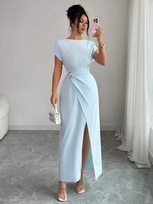 Elenzga Elegant Urban Chic New Women's Light Blue Metal Ring Buckle High Waist Asymmetric Pleated Slit Fitted Ankle-Length Dress, Suitable For Daily Wear, Weddings, Galas, Commuting, Graduation Parties, Holidays, Vacations, Dates, Parties, Halloween, Christmas, New Year, Thanksgiving, Weddings - Blue - View 6