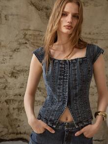 MOTF PREMIUM WOMEN'S ELEGANT MINIMALIST CAP SLEEVE DENIM TOP, SPRING - Blue - View 4