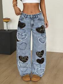 SHEIN PETITE Women's Heart Pattern Casual Jeans - Light Wash - View 3