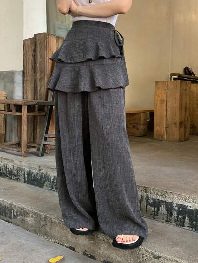 FRIFUL Women's Casual Solid Color Ruffle Hem Faux Two-Piece Pants