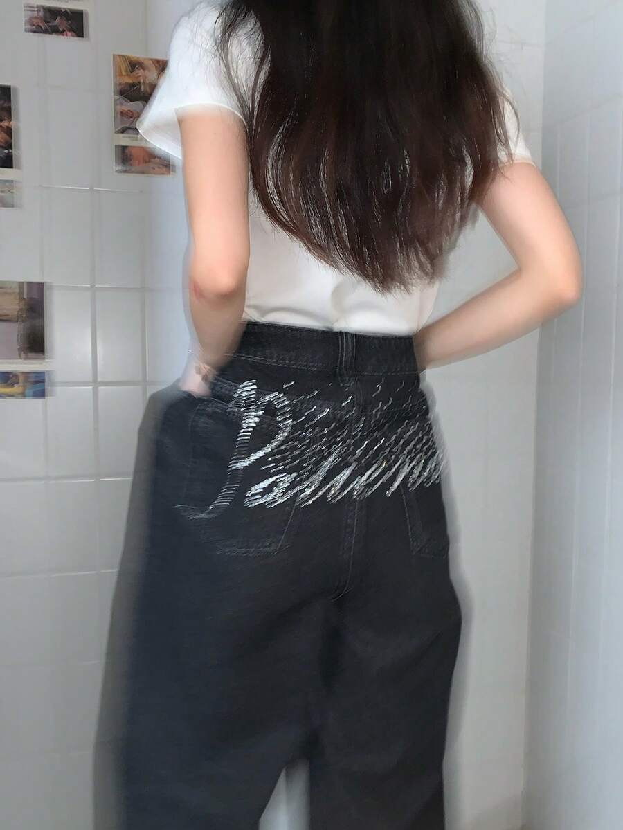 DAZY 女士水钻装饰休闲街头风做旧牛仔裤 - 黑色 - 查看 1