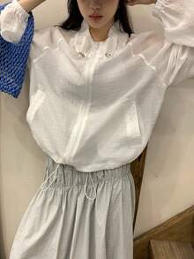 Livesso White High Neck Drawstring Loose Raglan Sleeve Women Casual Jacket, Suitable For Commuting, Office, Holiday, Easter Vacation, Spring & Summer - White - View 5