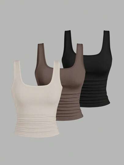 EMERY ROSE 大码女式休闲褶皱圆领吊带背心，时尚大码女式上衣，大码女式吊带背心三件套，夏季