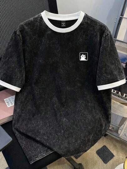 Manfinity Joysei Camiseta negra lavada de talla estándar para hombre con diseño de ribete blanco en las mangas