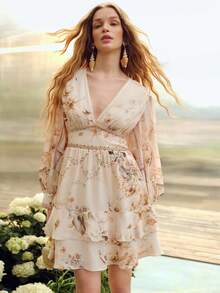 MOTF PREMIUM WOMEN'S ROMANTIC FLORAL PRINT WAIST CINCHED LONG SLEEVE SHORT DRESS, SPRING/SUMMER - Apricot - View 2