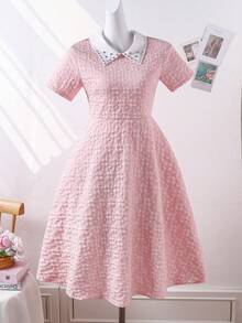 SHEIN ChillGRL Diamond Collar, Jacquard Textured Fabric, French Style, A-Line Maxi Skirt, Elegant High Waist Snug Fit, Fashionable & Graceful For Teenage Girls In Summer - Pink - View 3