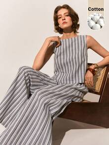 Poéselle 女士休闲度假风日常通勤撞色条纹印花纽扣后背无袖上衣和阔腿裤套装，春夏秋季 - 藍色 - 查看 1