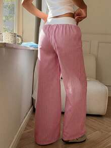 SHEIN EZwear 女士休闲红色条纹阔腿裤，春夏款 - 紅色 - 查看 2