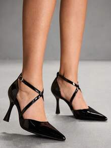 CUCCOO SZL Women Shoes Pointed Thin High Heel Black Thin Strap Cross Strap Hollow Women's Shoes Simple Elegant Fashion Sexy Party Banquet Women's High Heel Shoes Women's Shoes Spring Shoes - Mirror black - View 9