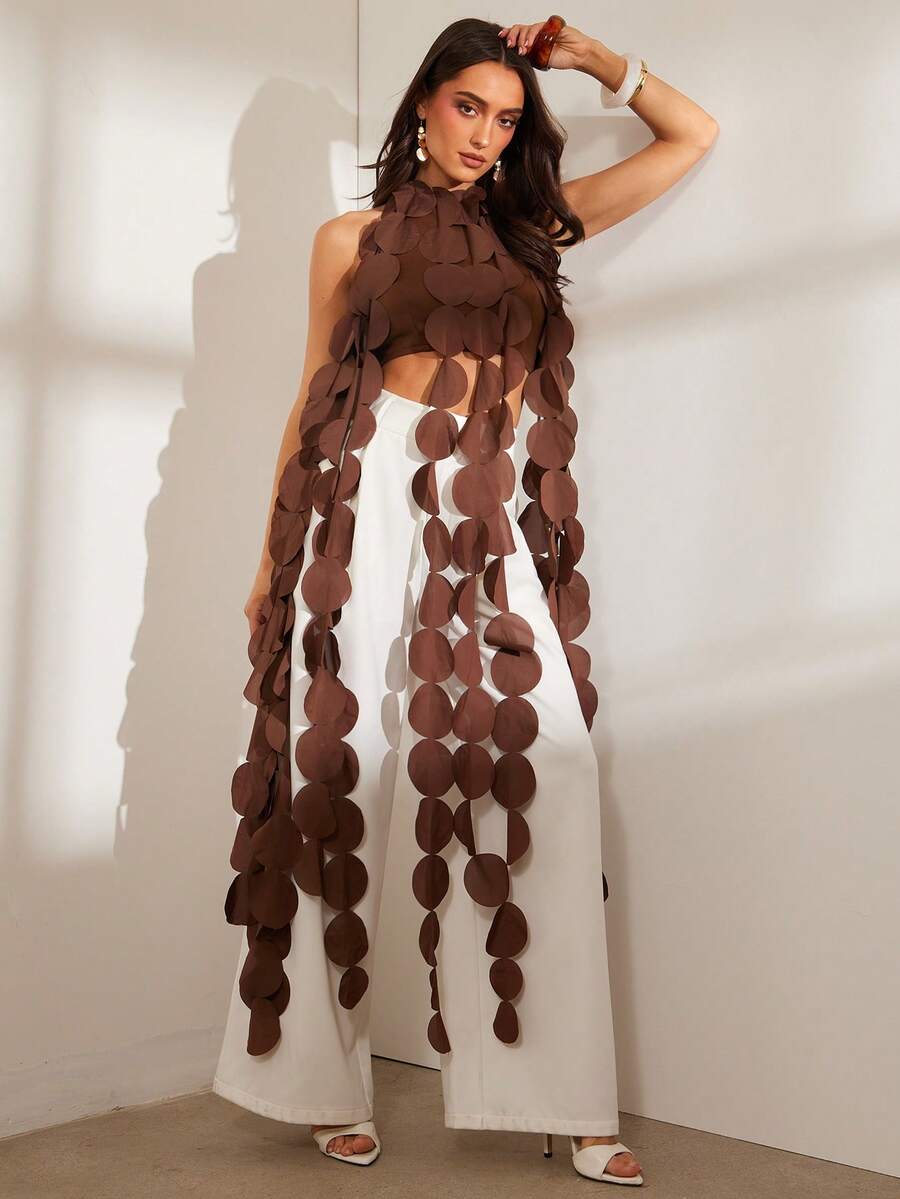 Silquee 这款时尚性感的棕色露背波点流苏吊带背心非常适合女性夏季假期、节假日、情人节、狂欢节派对和海滩度假。 - 棕色 - 查看 1